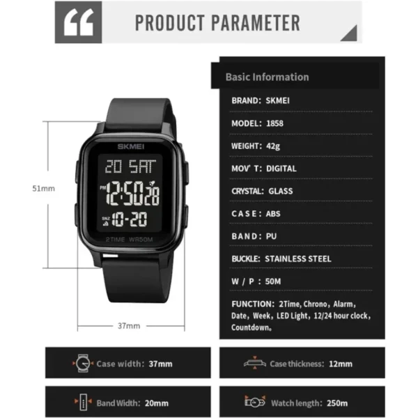 ⁦ساعة رياضيه SKMEI 1858 متعددة الوظائف مع منبه للجنسين⁩ - الصورة ⁦5⁩