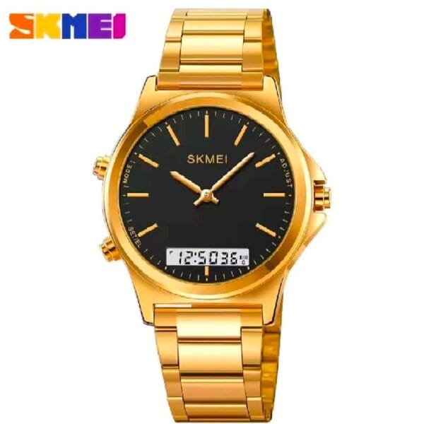 ساعه سكمي بشاشه مزدوجه مقاومه للماء ستانلس ستايل ذهبي